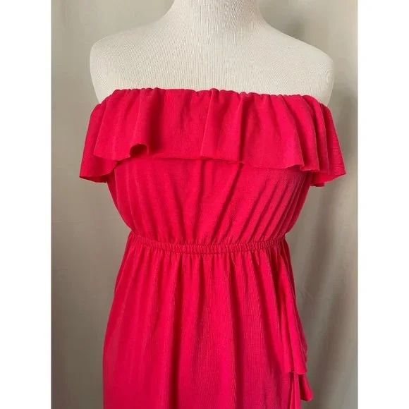 Bongo Women's Pink Ruffle Trimmed Strapless Midi Dress - Picture 2 of 8